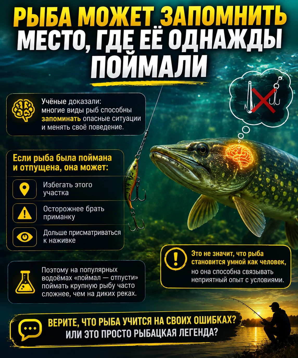 🎣 Рыба может запомнить место, где её однажды поймали

Учёные выяснили, что многие виды рыб способны