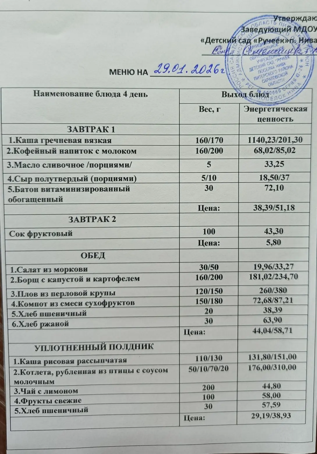 Меню на 29.01.2026г.