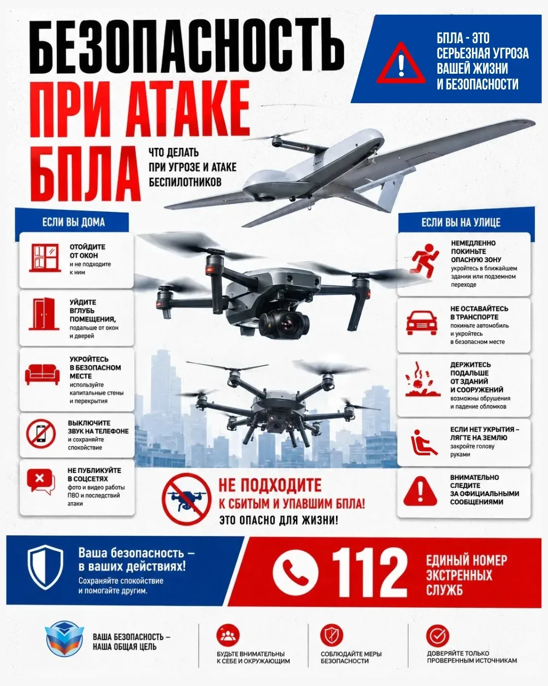 ❗️Напоминаем правила защиты при беспилотной опасности