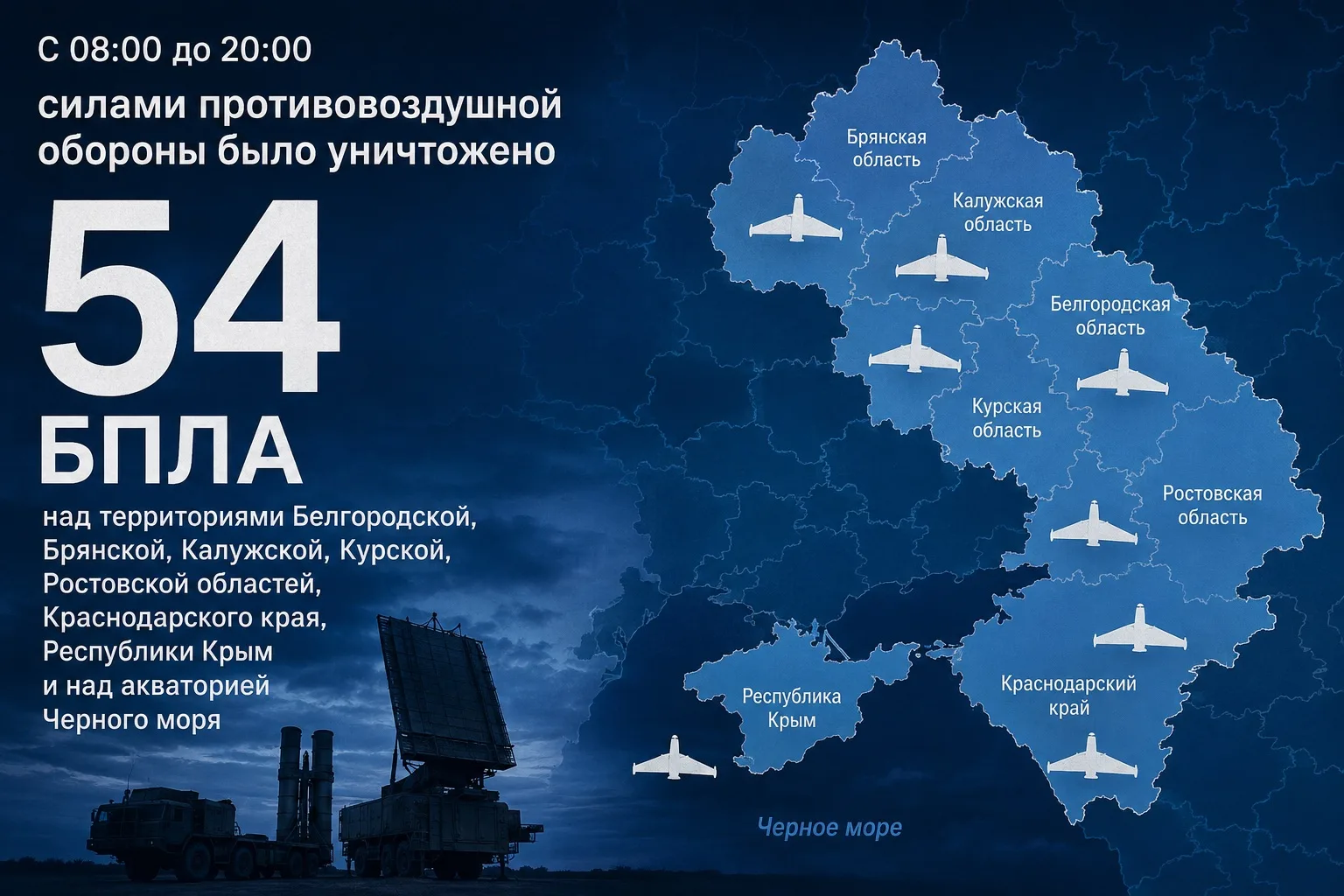 С 08:00 до 20:00 силами противовоздушной обороны было уничтожено 54 БПЛА над территория...