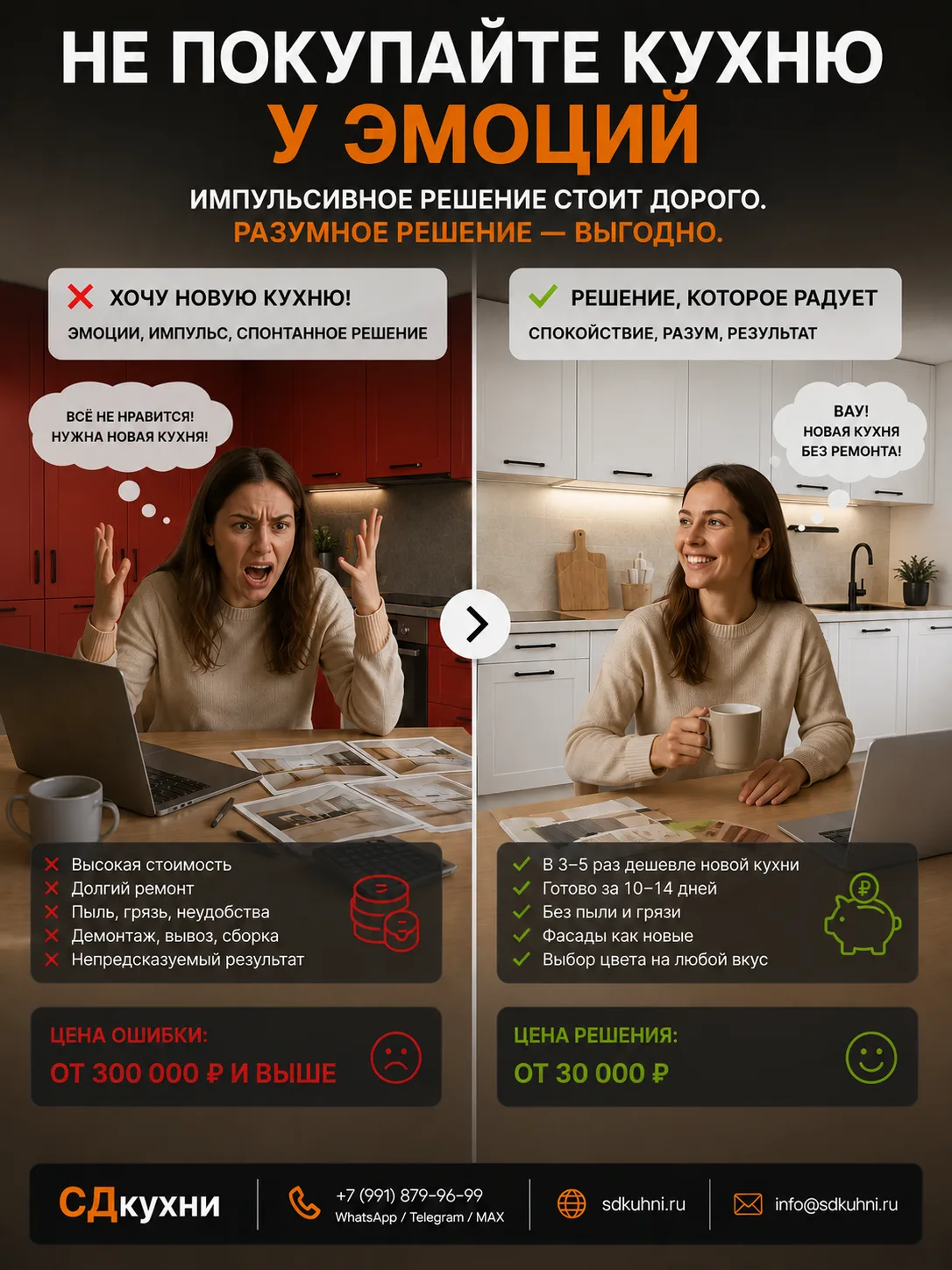 Очень часто желание купить новую кухню появляется не потому, что старая плохая.
 
 
А потому что:
 
