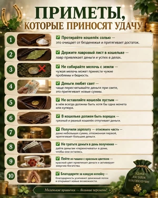 10 примет и привычек, которые приносят удачу и финансовый достаток ✨🍀