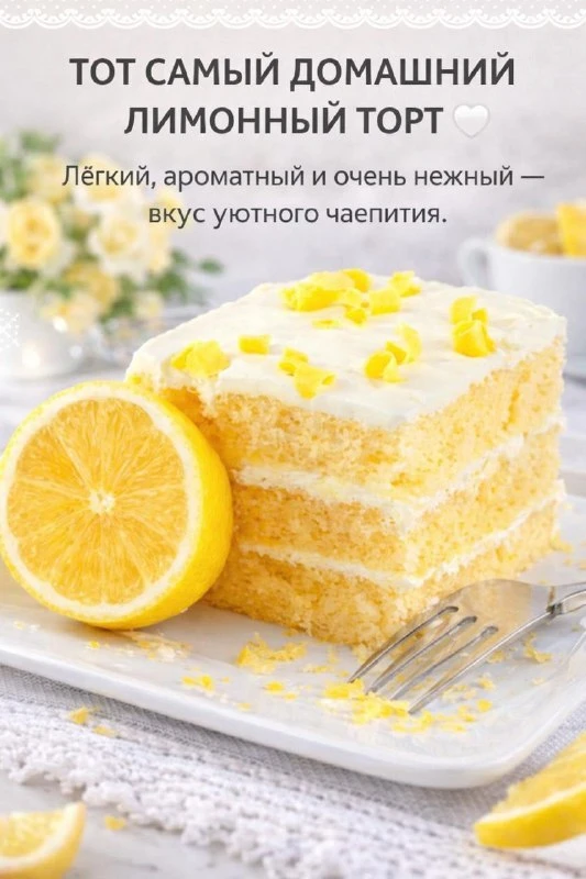 ТОРТ ЛЕГКИЙ И ОЧЕНЬ ПРИЯТНЫЙ НА ВКУС. КРЕМ НЕЖНЫЙ, С ЛИМОННЫМ АРОМАТОМ. СЪЕЛСЯ БЫСТРО.