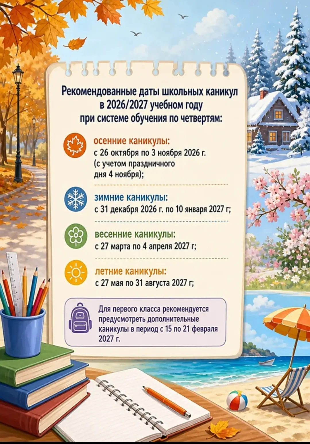 🎯Минпросвещения России направило в регионы рекомендации по графику каникул в 2026/27 учебному году

