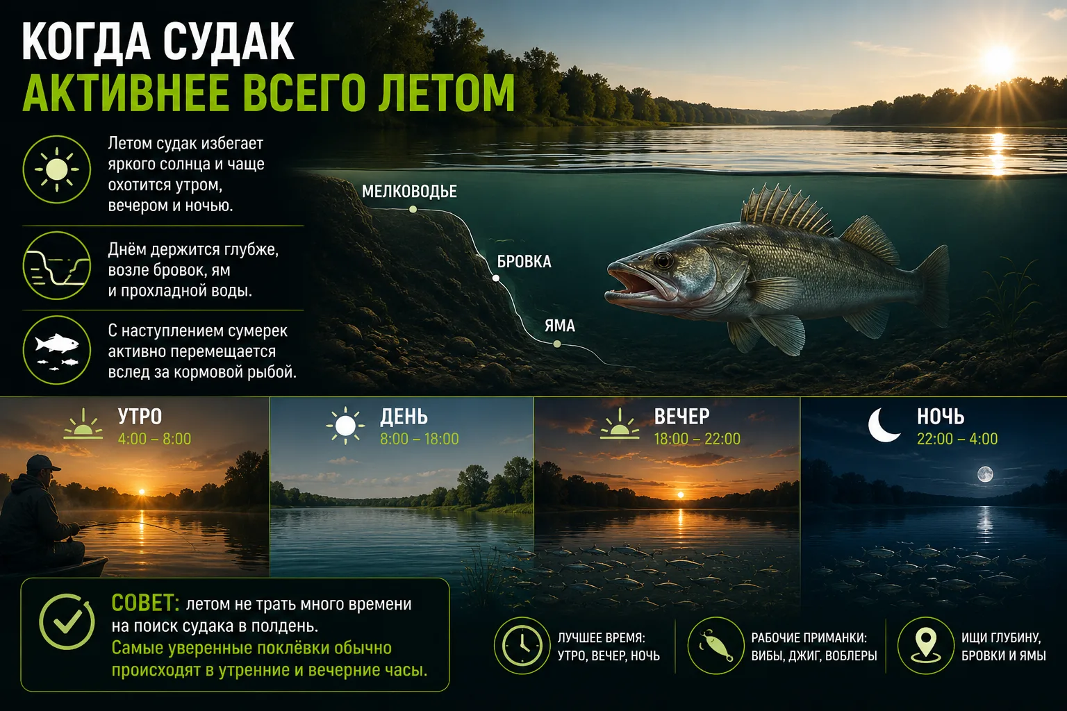 🟢 Когда судак активнее всего летом

Летом судак редко проявляет одинаковую активность весь день. В 