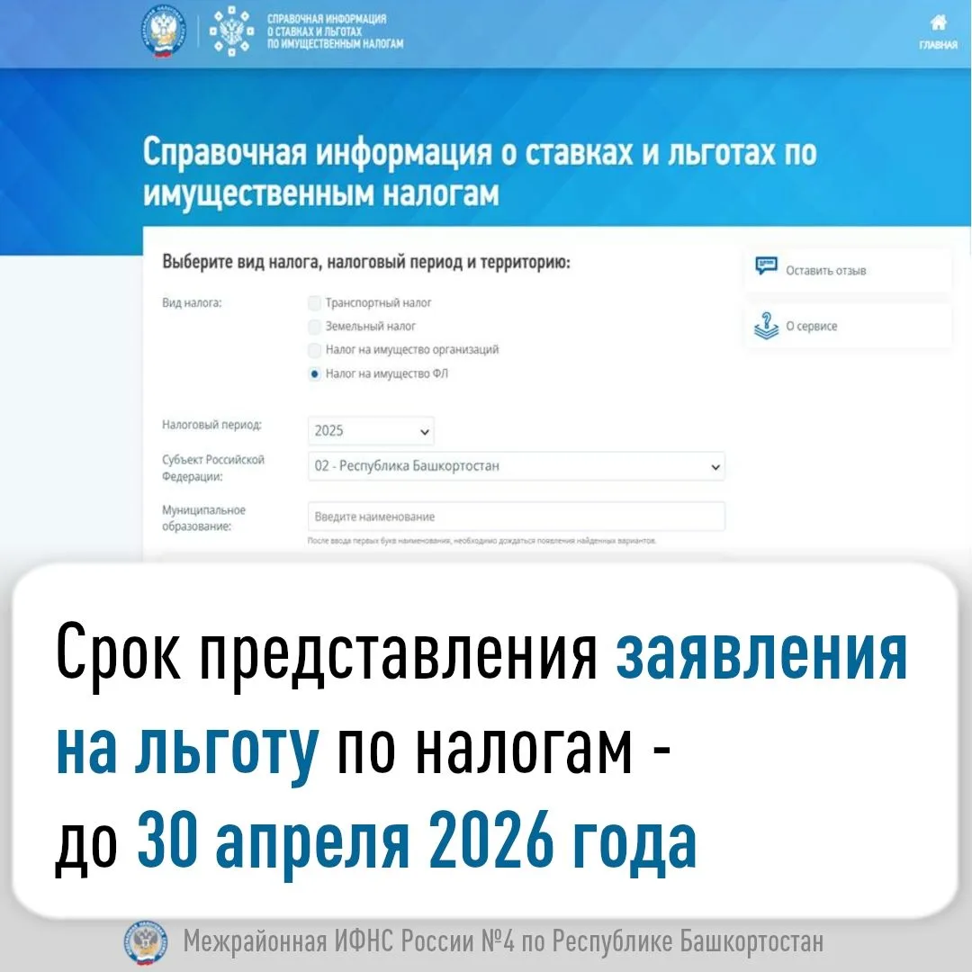 Срок представления заявления на льготу по налогам - до 30 апреля 2026 года