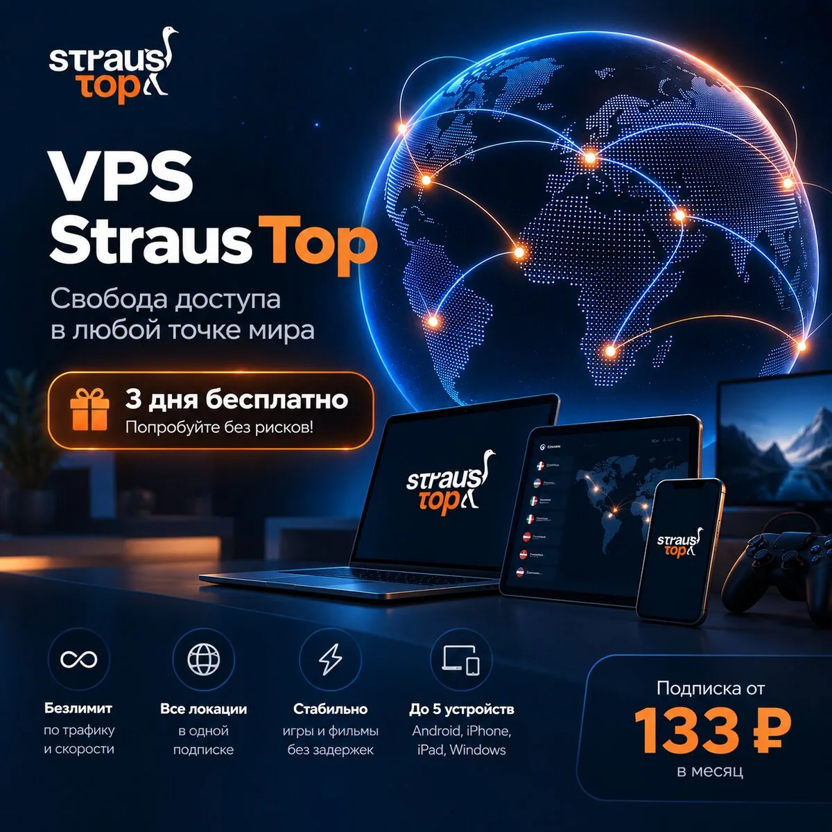 Стабильный VPS - 3 дня бесплатно, безлимит, 5 устройств