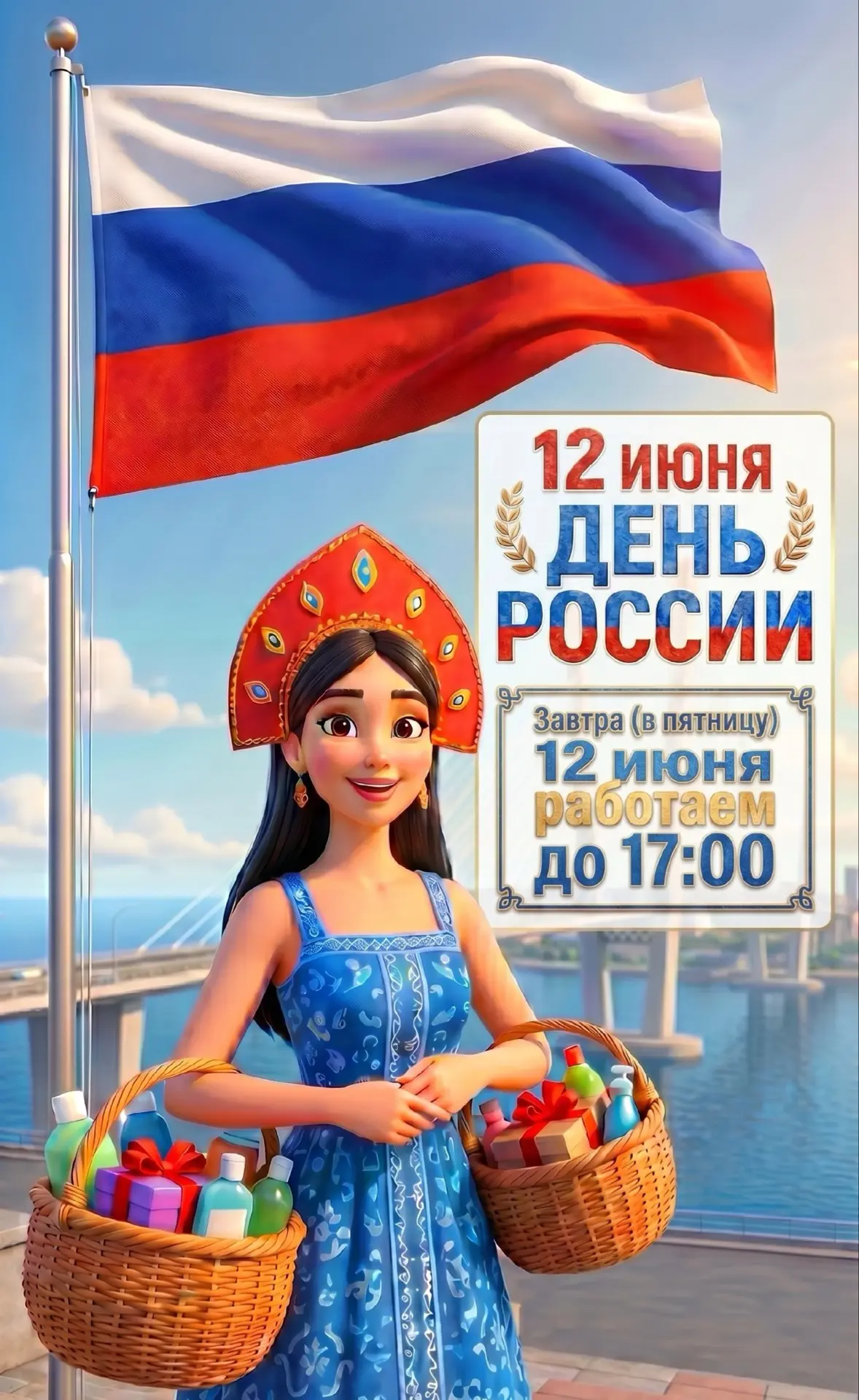 ЗАВТРА
🇷🇺 12 ИЮНЯ 🇷🇺
РАБОТАЕМ ДО 17:00

в субботу работаем в прежнем режиме 
с 10:00 до 15:00