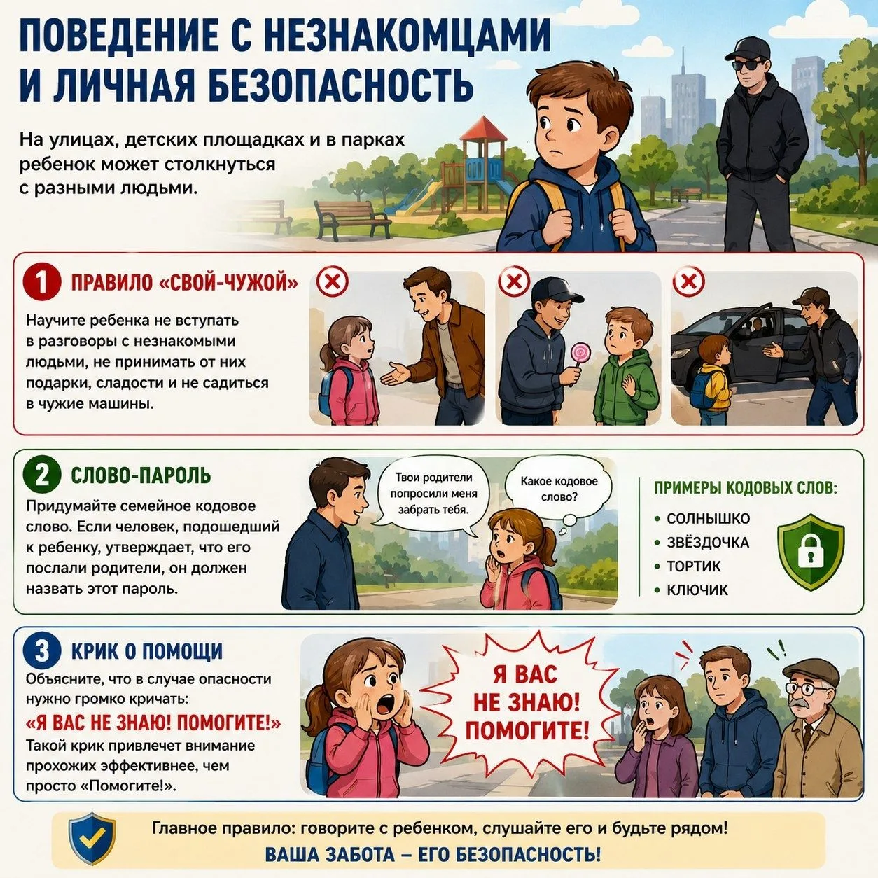 На улице ребёнок может столкнуться с разными людьми — важно объяснить ему, как вести се...