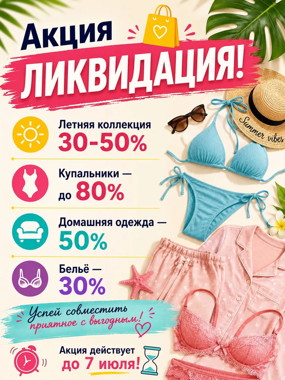 Акция ЛИКВИДАЦИЯ в СОБЛАЗНЕ! 🛍️ 

☀️Летняя коллекция 30-50%
🩱Купальники — до 80%
 🛋️  Домашняя од
