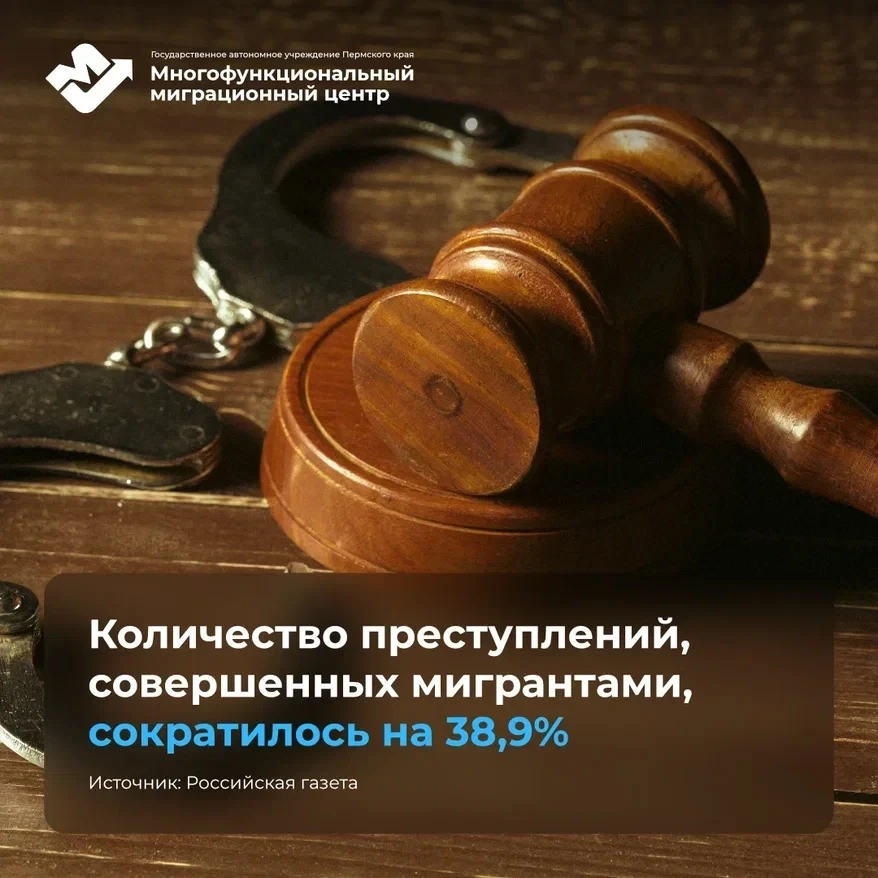 💥Количество преступлений, совершенных мигрантами, сократилось на 38,9%.