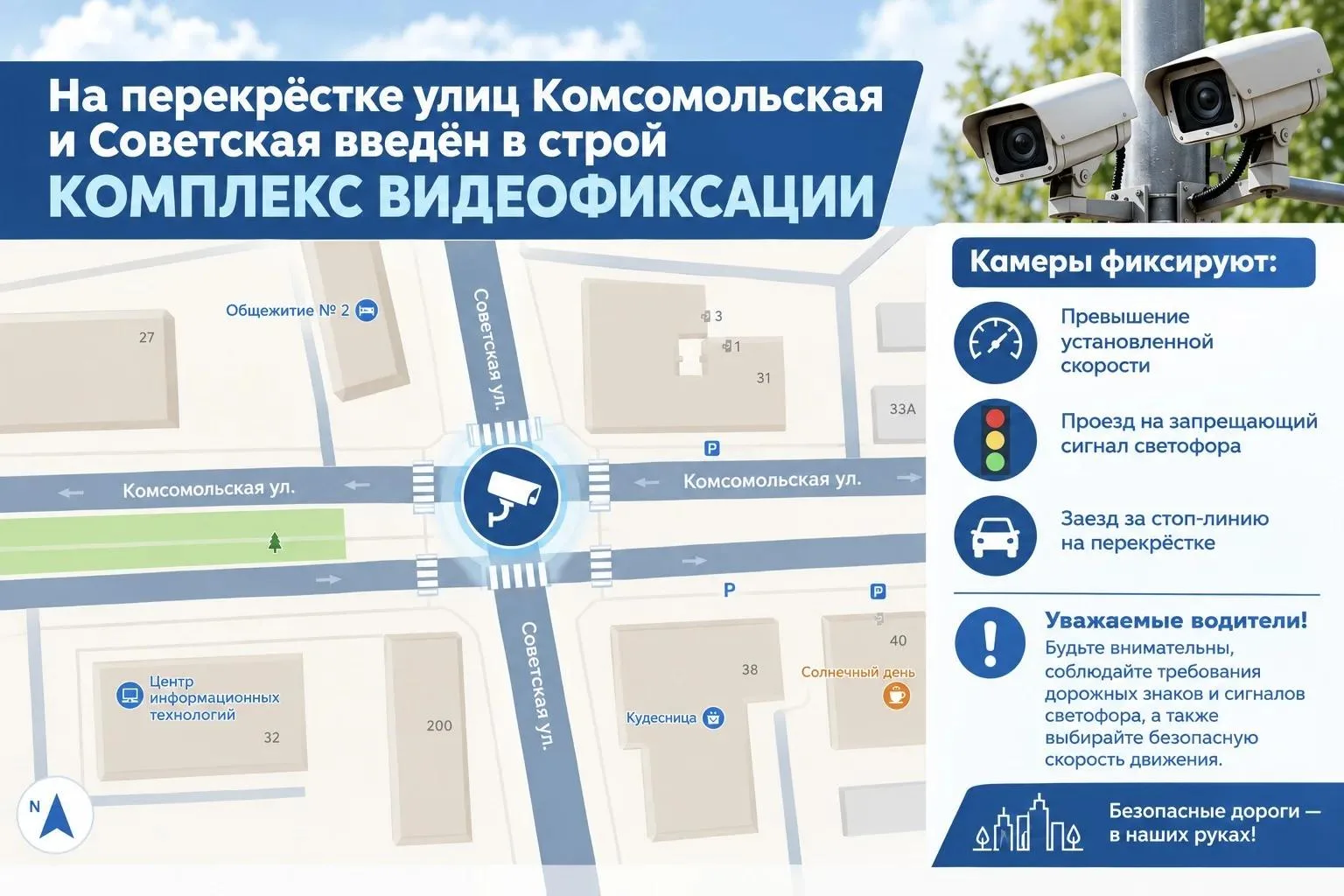 🚦 На перекрёстке улиц Комсомольской и Советская введён в строй комплекс видеофиксации