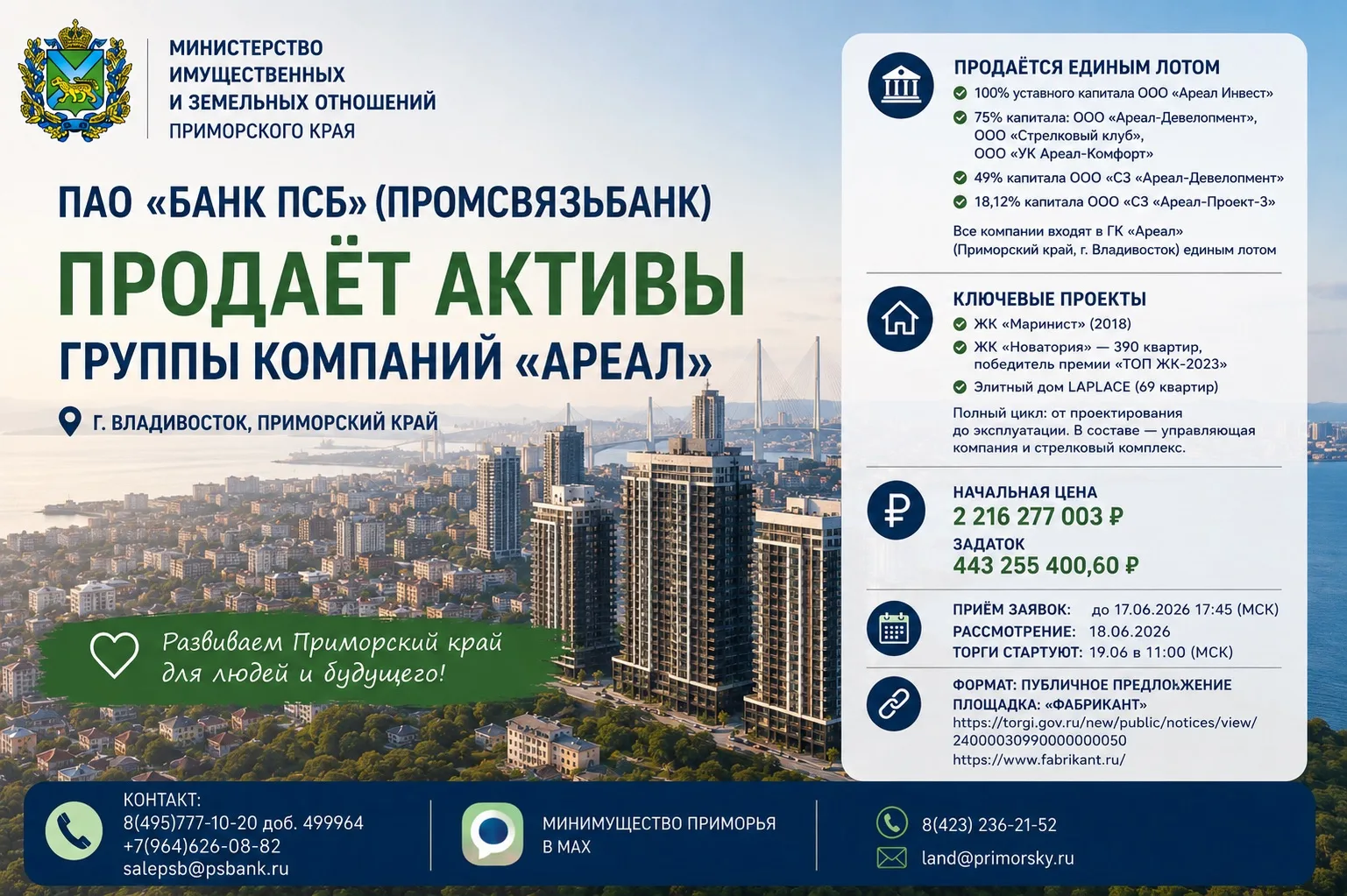 🏦 ПАО «Банк ПСБ» (Промсвязьбанк) продаёт активы группы компаний «Ареал» во Владивостоке

На продажу