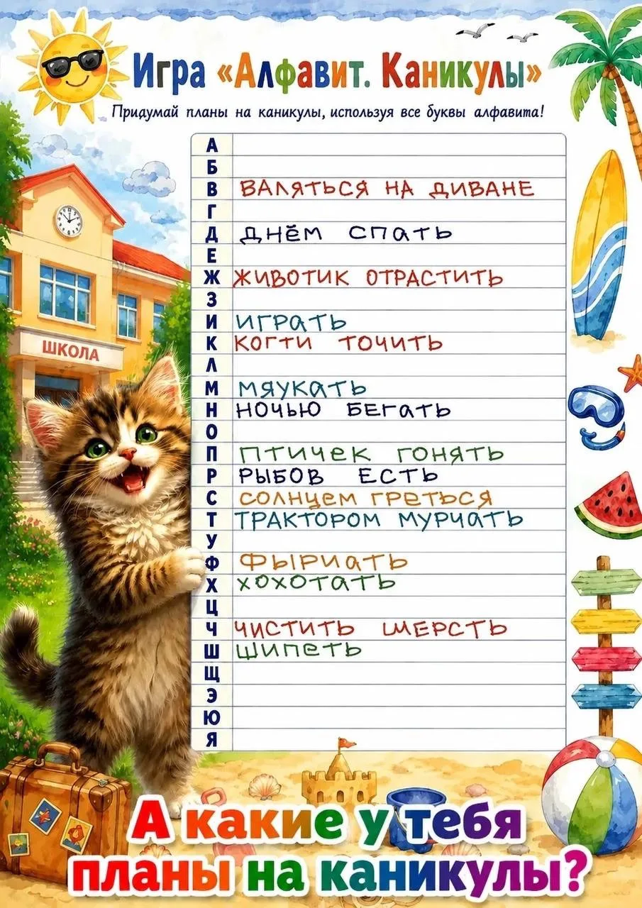 Игра "Алфавит" 
Придумай планы на каникулы, используя все (почти) буквы алфавита!

Начальная школа