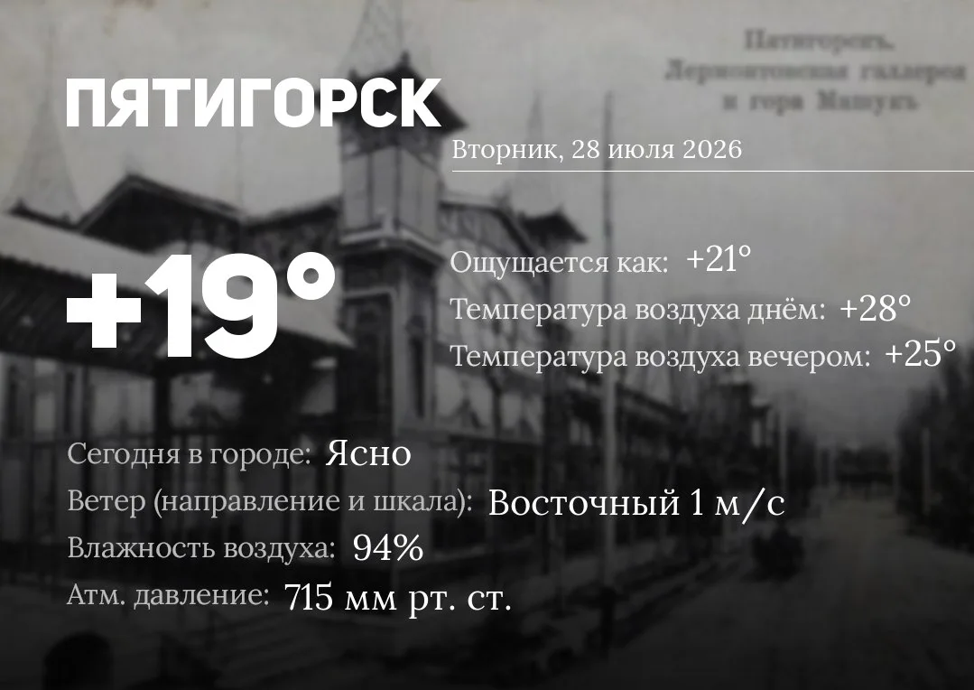 Доброе утро, Пятигорск! 
Сегодня в Пятигорске: ясно
Температура воздуха: 19℃ (ощущаемая 21℃)
Днём во