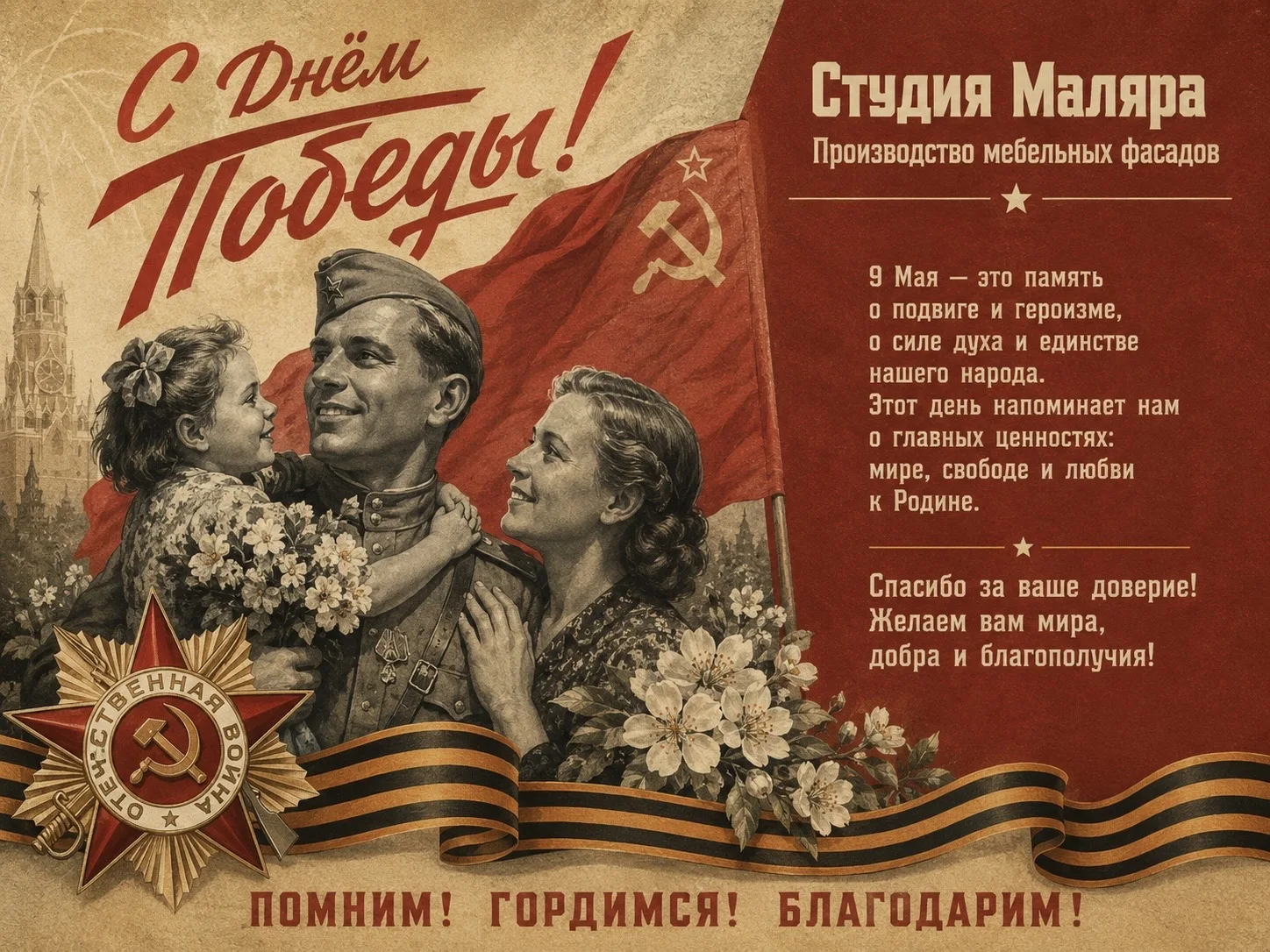 9 Мая — день памяти, благодарности и великой силы духа.

Мы склоняем головы перед подвигом тех, кто 