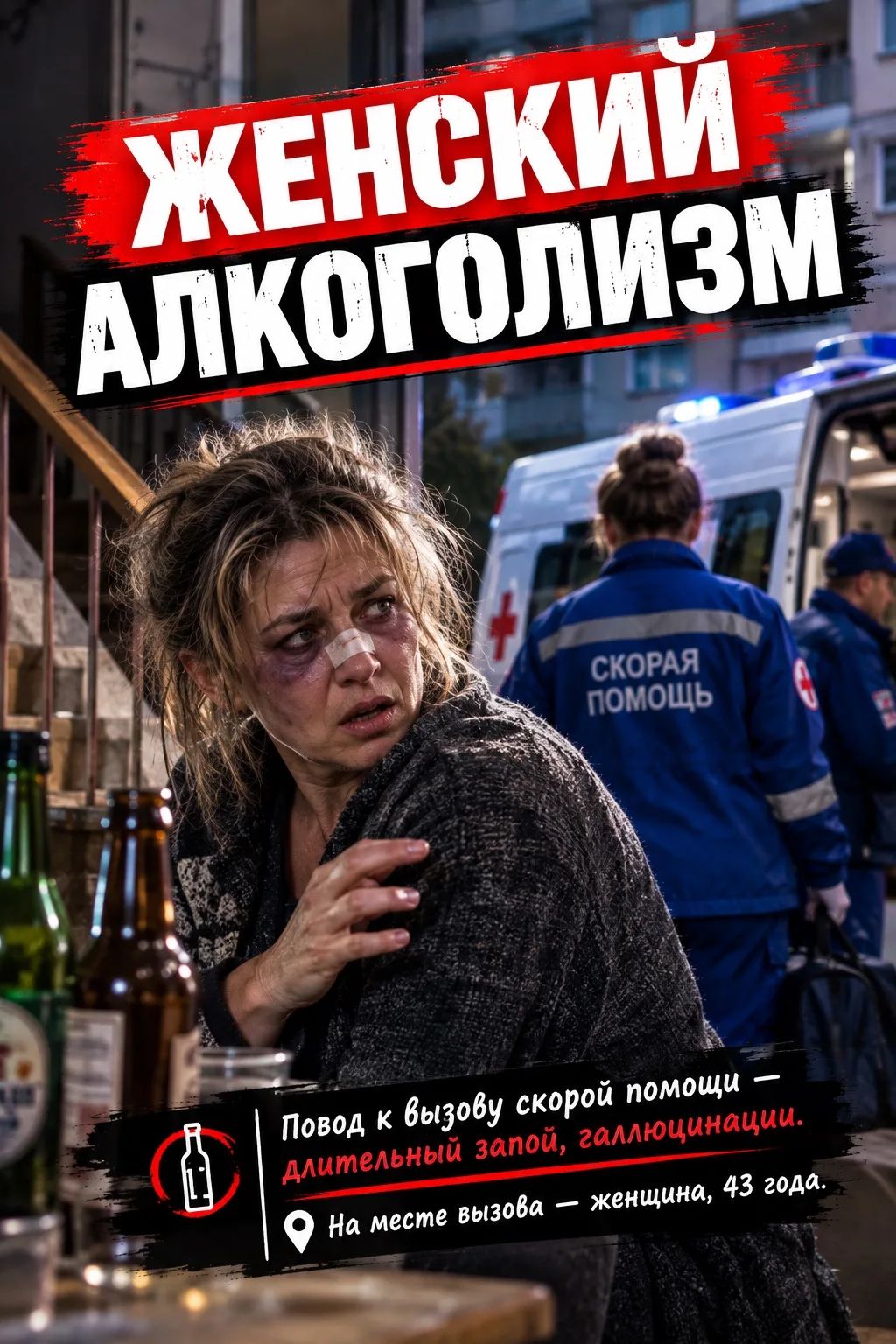 Повод к вызову скорой помощи – длительный запой, галлюцинации. На месте вызова женщина ...