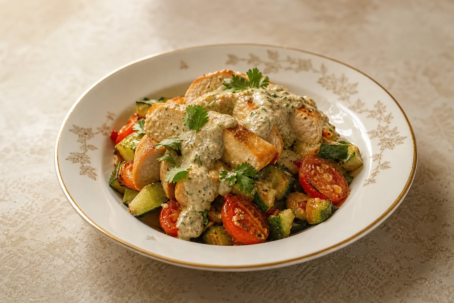 Курочка с ореховым соусом и овощами