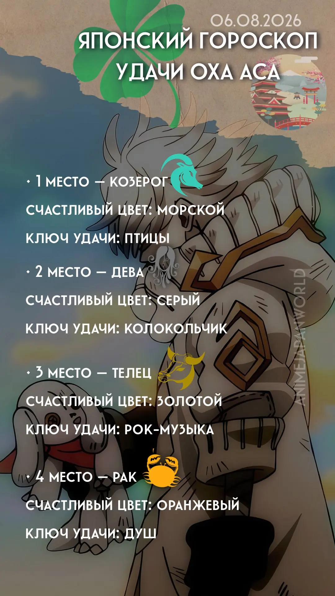 • Японский гороскоп удачи  на сегодня (06.08.2026) 🗾 Всем хорошего дня!
С днём свежего дыхания!😮‍�