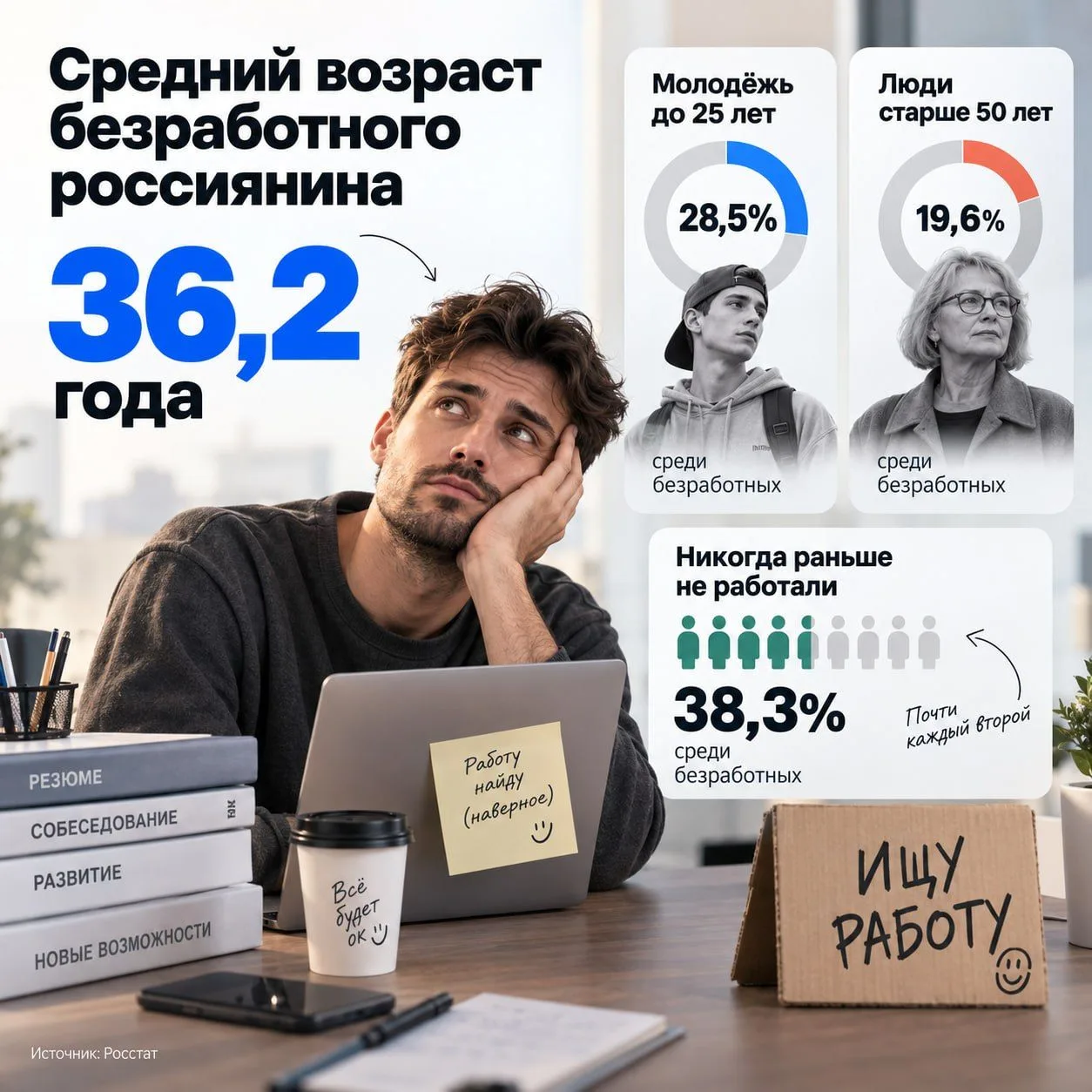 🤔 Средний возраст безработного россиянина оказался 36,2 года