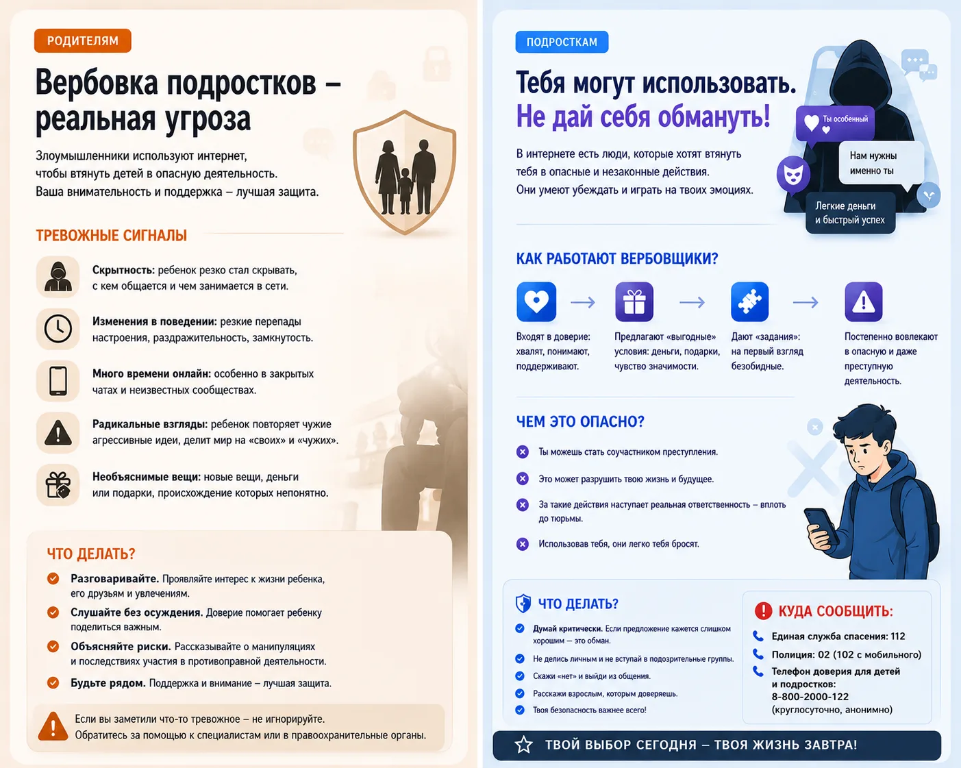 ⚠️ Об опасности вербовки

Напоминаем: в интернете и социальных сетях могут действовать люди, которые
