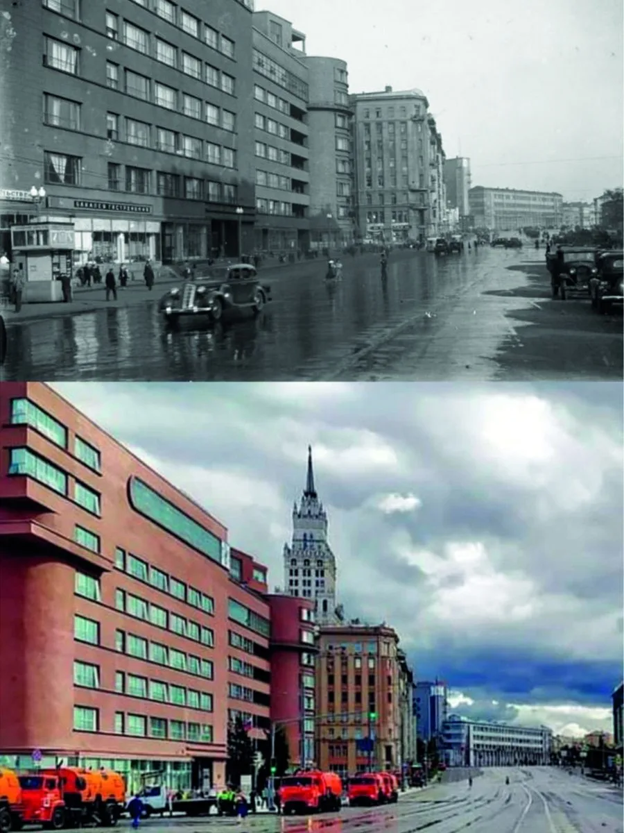 📍Садовая-Спасская у здания Наркомата земледелия СССР. 

1934/2022 год.

💡На снимках показано знаме