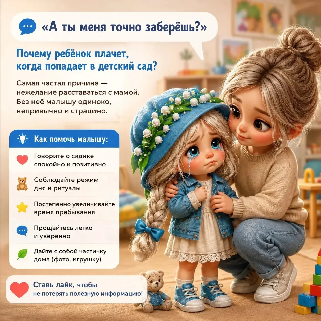 💬 «А ты меня точно заберёшь?»
Почему ребёнок плачет, когда попадает в детский сад?
Самая частая при