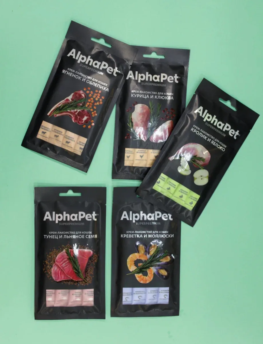 AlphaPet Superpremium — нежные крем-лакомства для кошек с ярким мясным и рыбным вкусом....