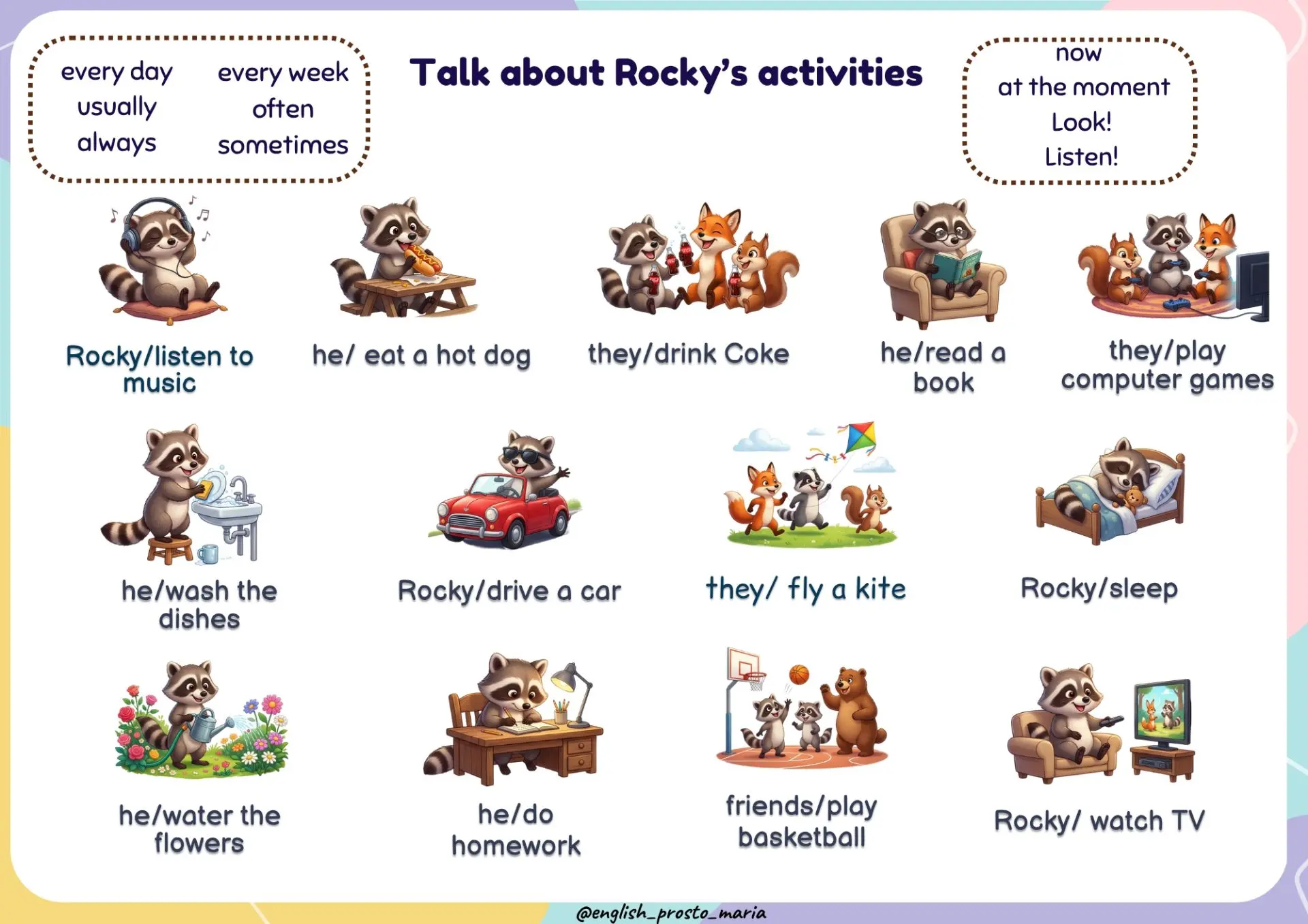 🦝💚 Повторяем Present Simple и Present Continuous вместе с Rocky!