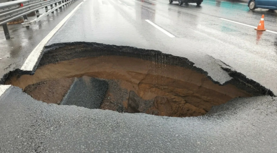 Большая яма образовалась на КАД после мощного циклона