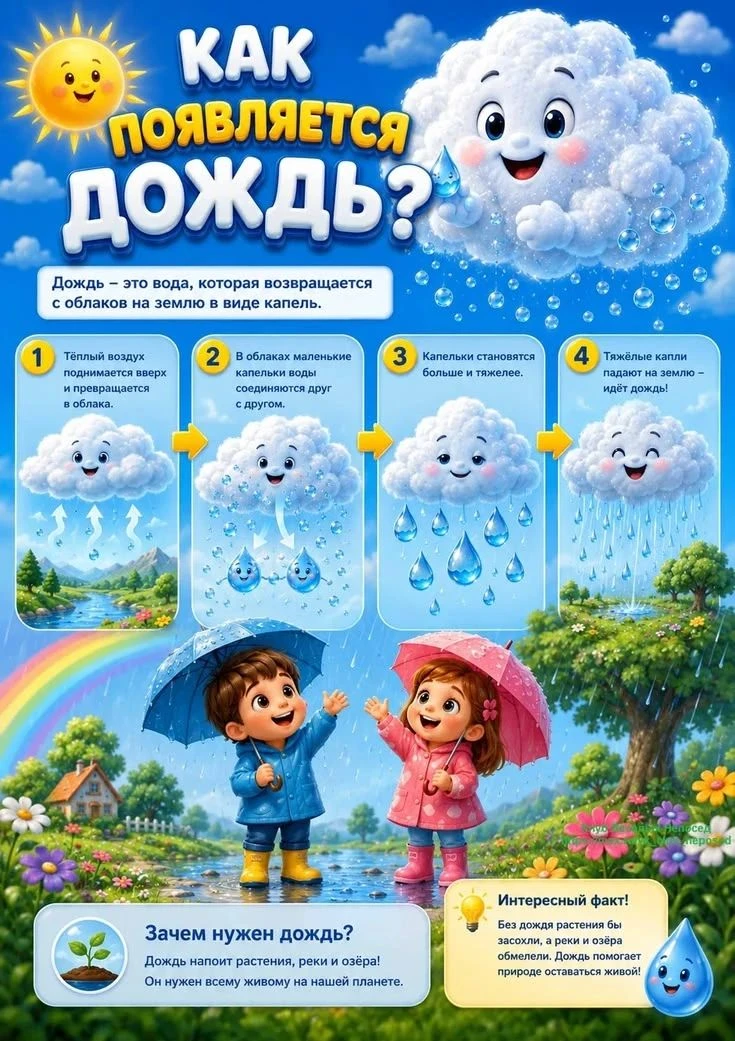 🌧Стало дождливо и появился повод пообщаться и ответить на вопросы маленьких "почемучек"!

🌧 Ребёно
