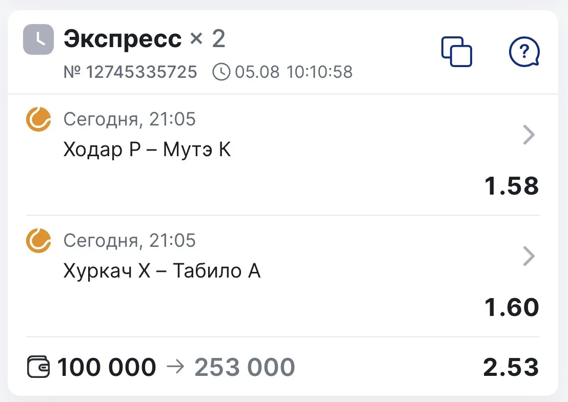 БЕСПЛАТНЫЙ ДВОЙНИК НА ТЕННИС С КФ 2.53🔥

ХОДАР Р - МУТЭ К
🔺Ходар сильно прогрессирует в последнее 