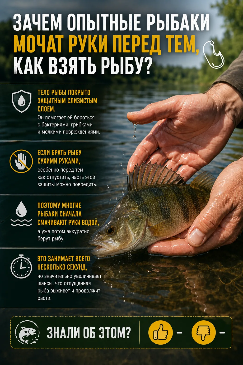 🎣 Зачем опытные рыбаки мочат руки перед тем, как взять рыбу?

Со стороны это кажется странной привы