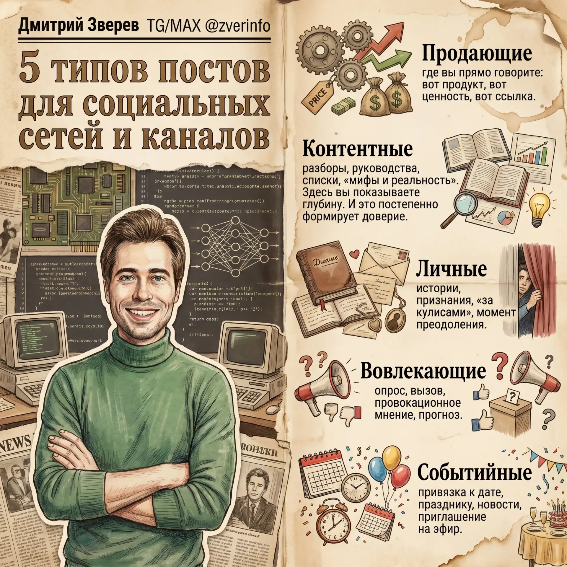 🔖 5 типов постов для канала или социальных сетей

Для экспертного проекта:

▪️ продавать всегда без