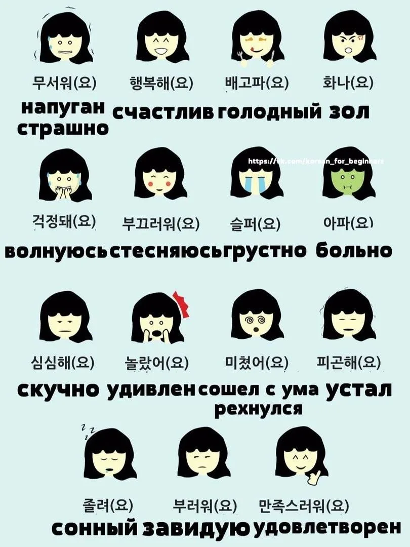 27 чувств и эмоций на корейском😃😭😡😪😳😖😴