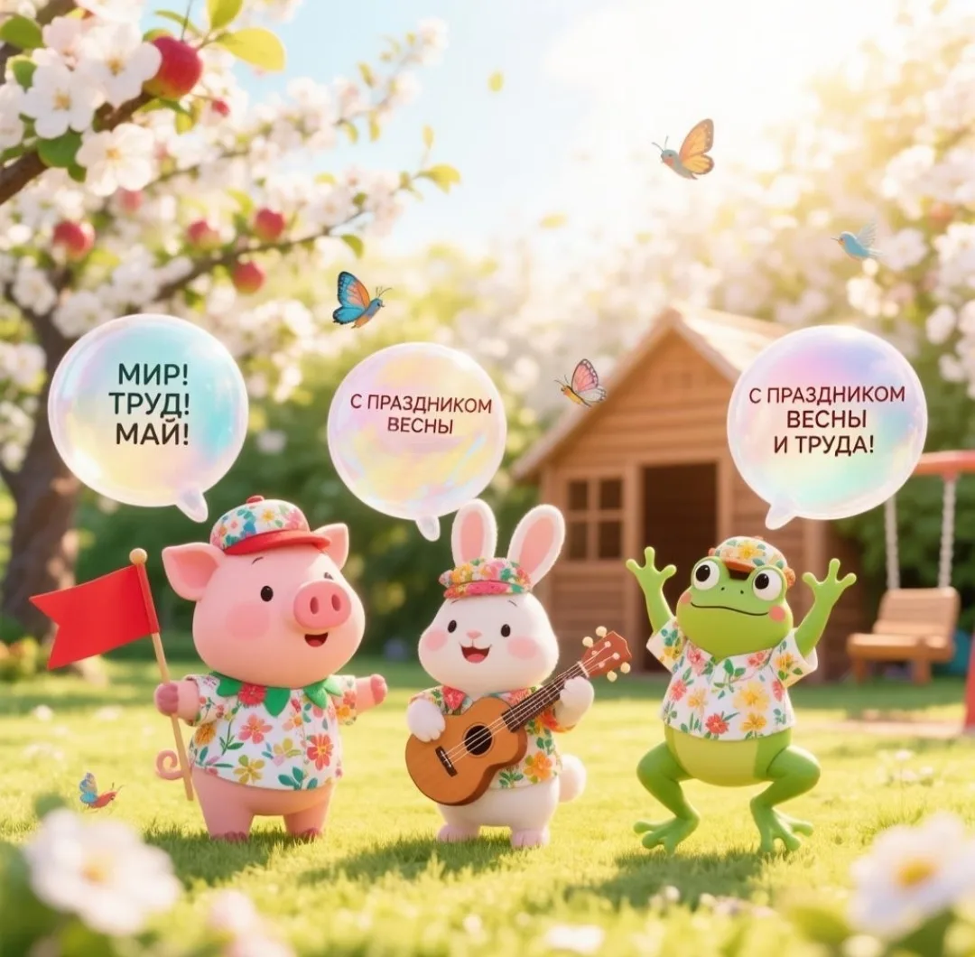 🐷🐰🐸:-  С 1 Мая! Пусть работа отдыхает, а отдых — будет продуктивным и активным!  🎉