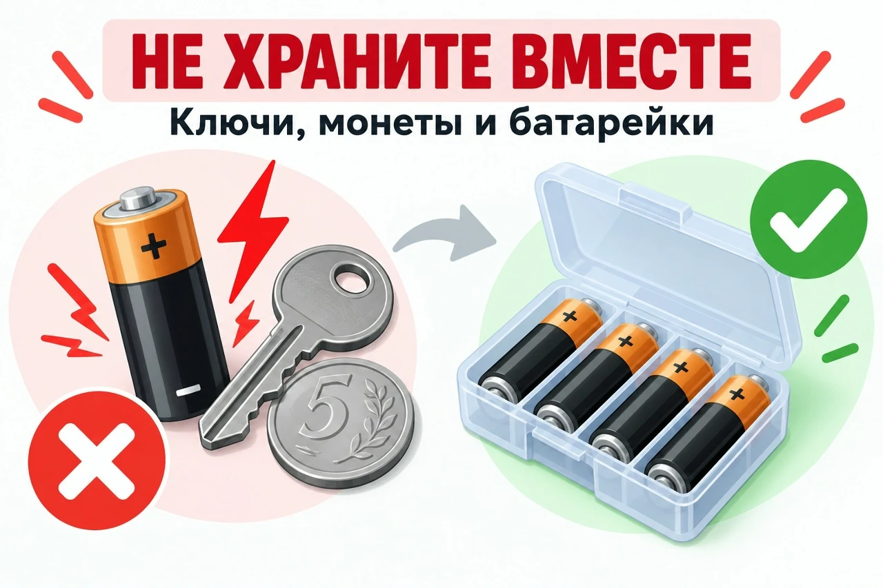 Почему батарейки нельзя хранить вместе с ключами и монетами?