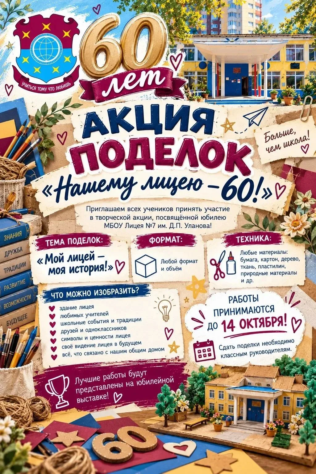 🧩 АКЦИЯ ПОДЕЛОК «НАШЕМУ ЛИЦЕЮ — 60!» 🎉В честь 60-летнего юбилея МБОУ Лицея №7 им. Д.П...
