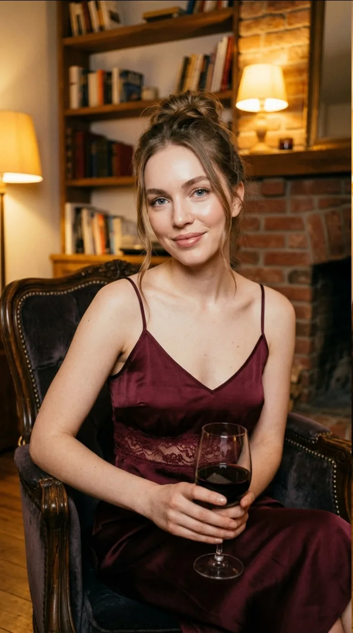 🍷 Вино у камина в библиотеке

Книжные полки, тёплый свет лампы, кирпичный камин и винное шёлковое п