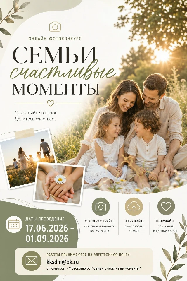 ✨ Интернет-фотоконкурс «Семьи счастливые моменты» ✨

Приглашаем принять участие в теплом и душевном 