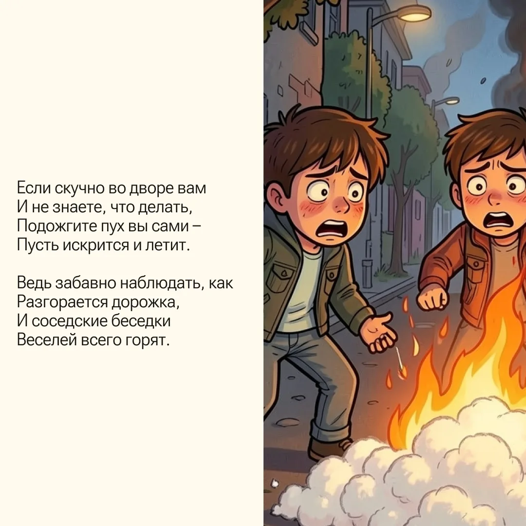 Нельзя поджигать мусор и разводить костры без присмотра взрослых. Иначе может случиться беда.  А как
