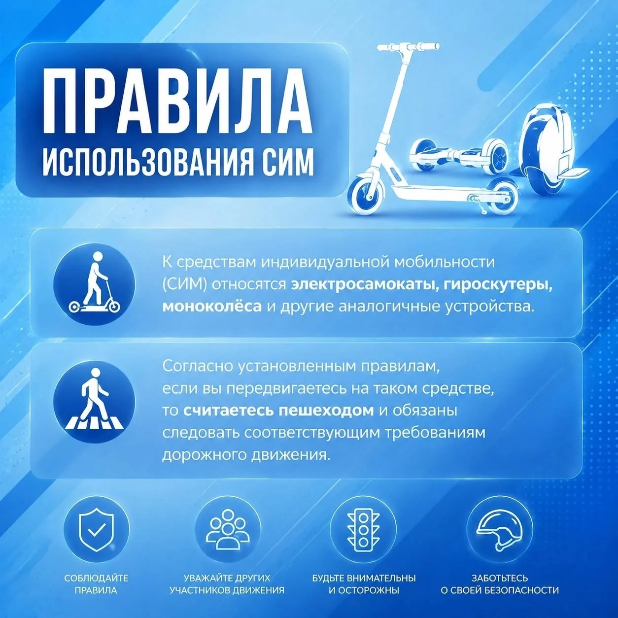 Безопасность на колесах

🛴 СИМ: катаемся с умом.

Электросамокаты, гироскутеры и моноколёса — это п