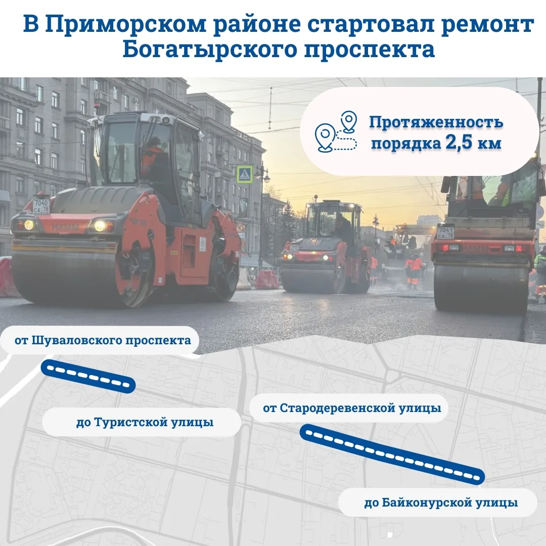 Где именно ремонтируют Богатырский и до какого числа  🚧 

На прошлой неделе на Богатырском проспект