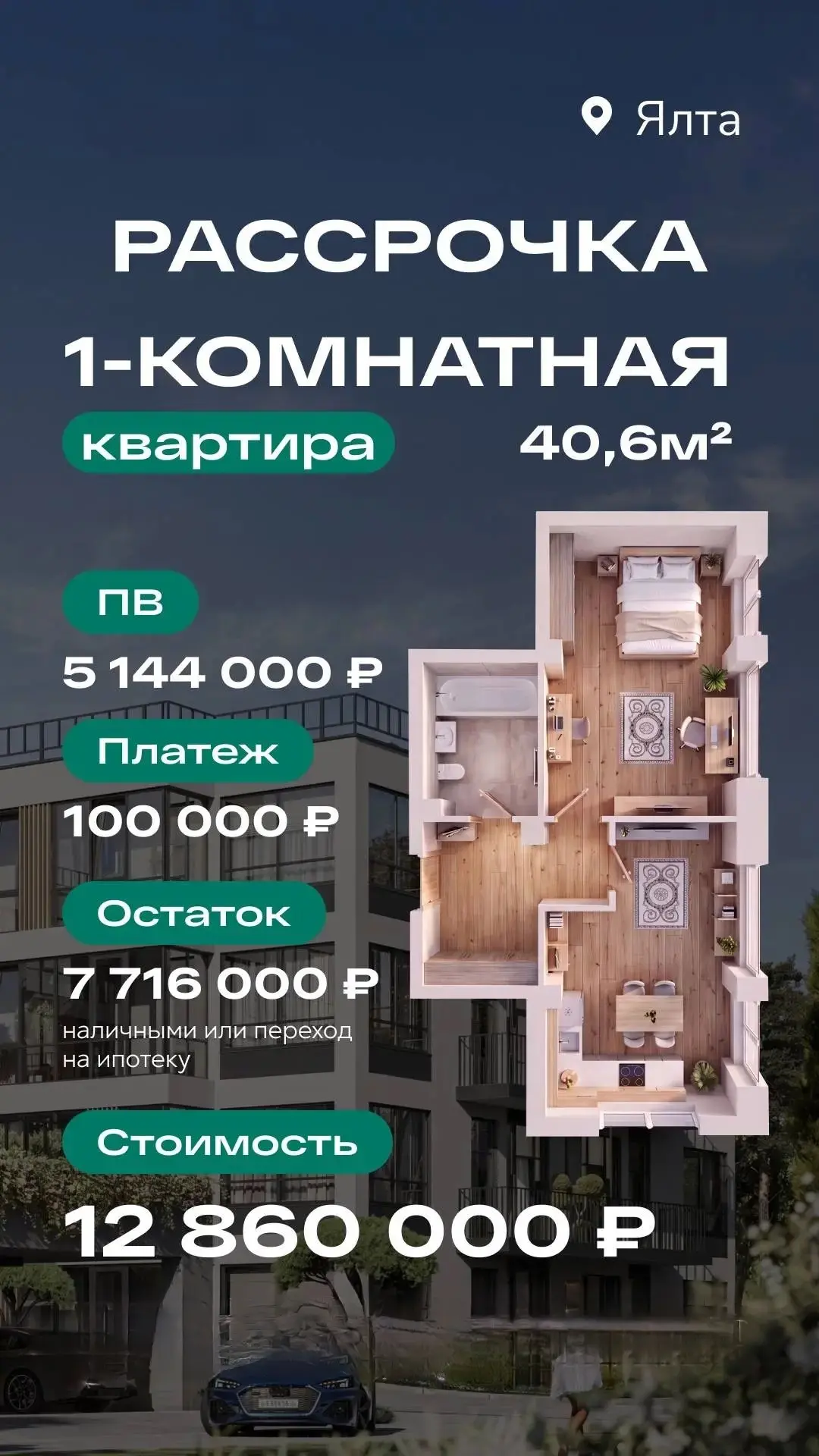 Рассрочка от 100 000 р./мес. в Крыму в сданном ЖК, статус квартира.