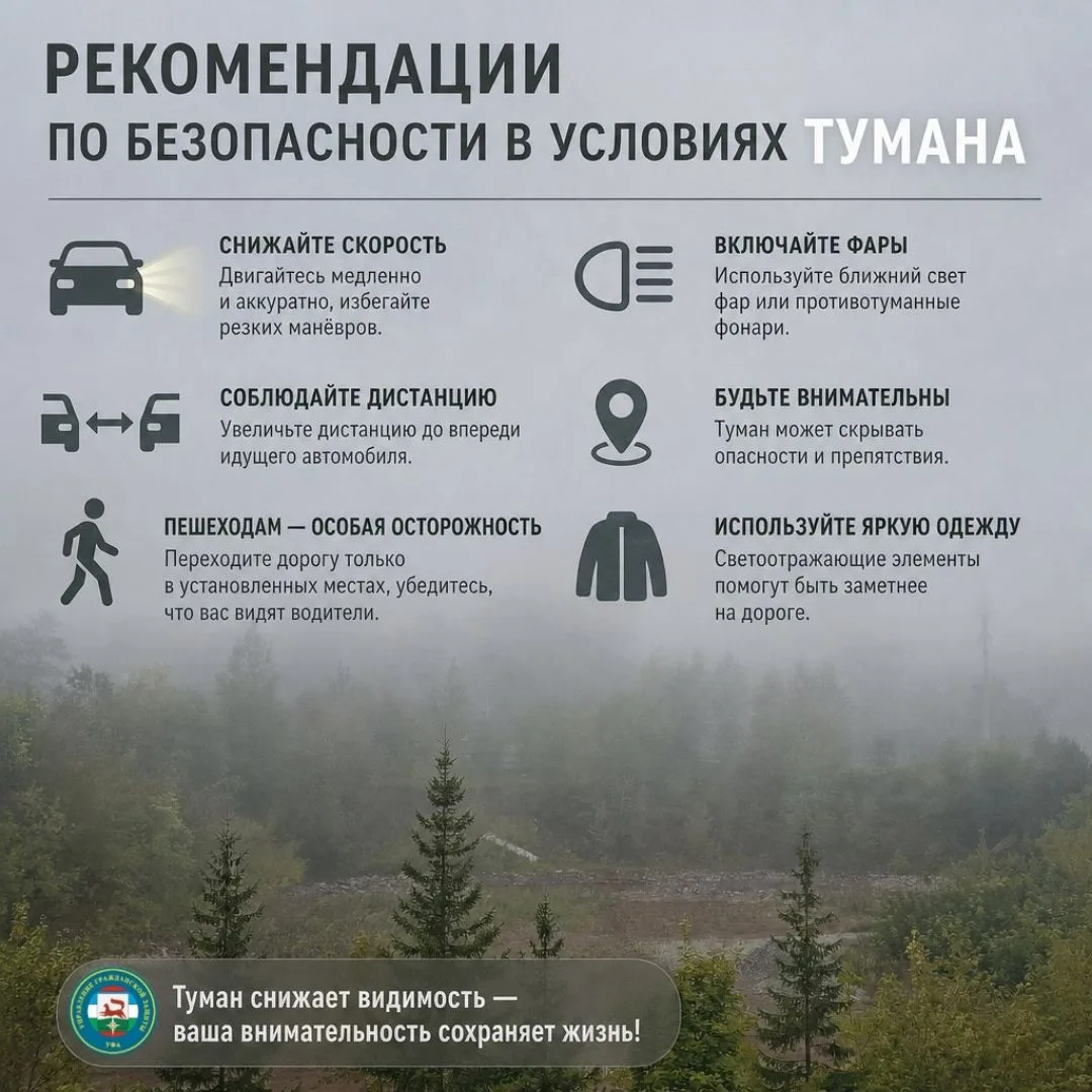 Внимание жителей Уфы! Рекомендации по безопасности в условиях тумана🌫️