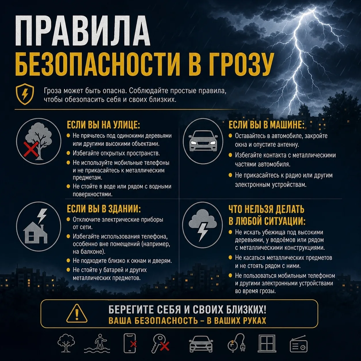 Правила безопасности в грозу: берегите себя ⚡

Гроза может быть непредсказуемой и опасной. Чтобы изб