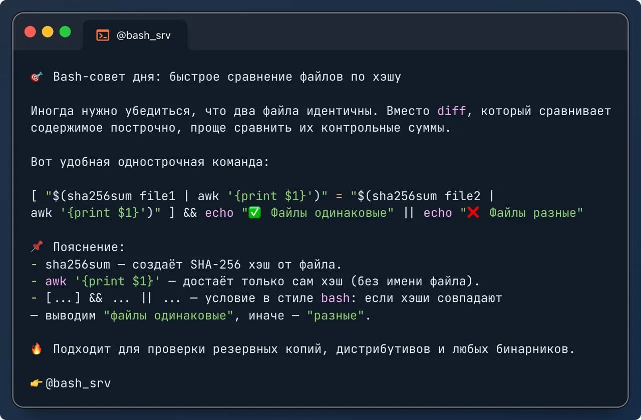 🎯 Bash-совет дня: быстрое сравнение файлов по хэшу  

Иногда нужно убедиться, что два файла идентич