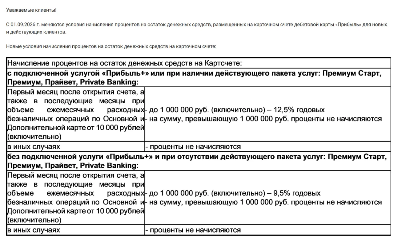 Меняются условия начисления % по карте Прибыль