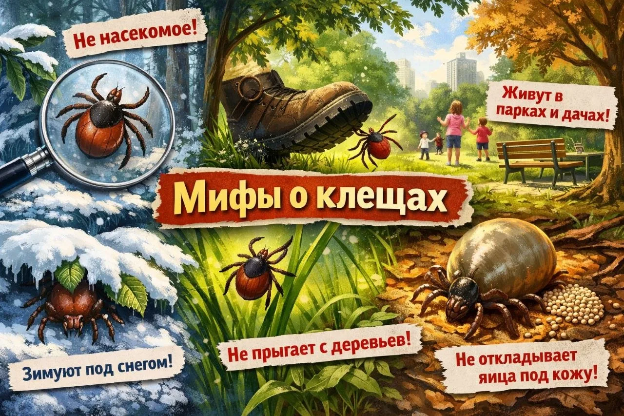 ❌ КЛЕЩИ — НЕ НАСЕКОМЫЕ

Клещей часто принимают за насекомых из‑за их мелких размеров. На самом деле 