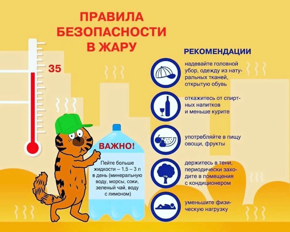 Безопасность детей в жару включает обязательное ношение головных уборов, постоянный пит...